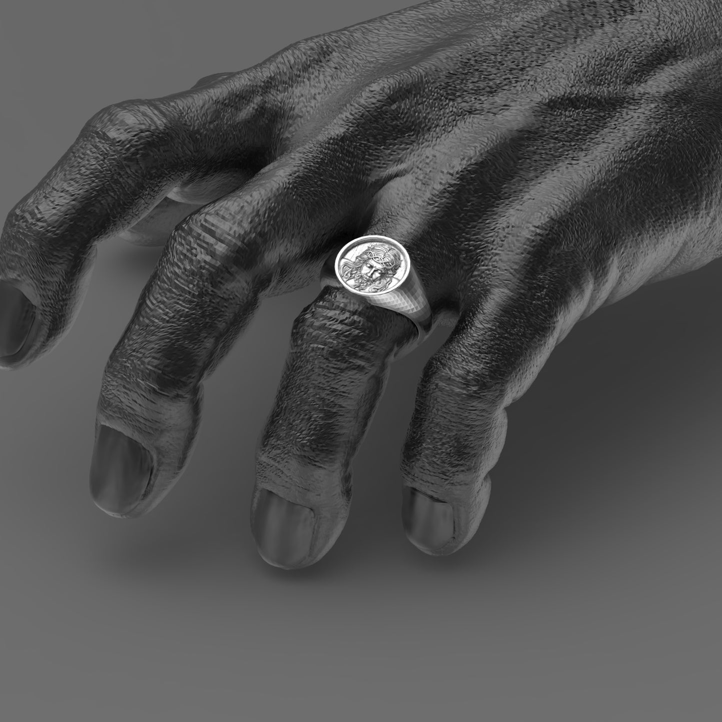 Anillo de plata con parte superior redonda de Jesucristo