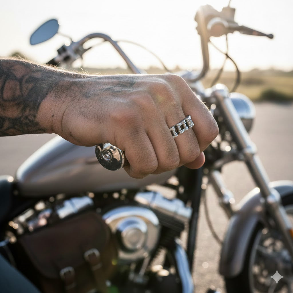 A close-up of a person's hand wearing a ring and holding a motorcycle handlebar, with a motorcycle visible in the background. Biker band and motorcycle chain ring by indigo.jewelry, unique statement ring with industrial design and spinner band features, handcrafted for a heavy moto ring look.