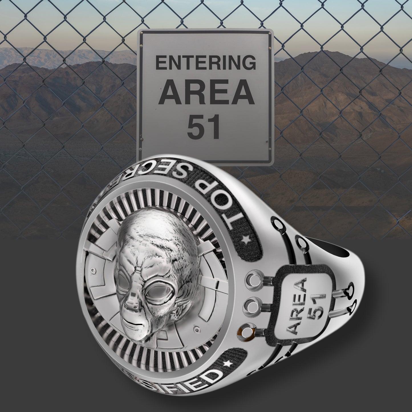 Roswell Incident 75th anniversary, UFO Alien Area 51, Mens Sterling Signet Ring by INDIGO JEWELRY