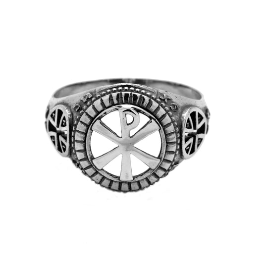 Sterling silver Chi Rho ring featuring the early Christian symbol of Christ. Religious ring for men used as a protection amulet or Christian jewelry. Christian ring gift with spiritual meaning, ideal for Jesus Christ followers. Handmade silver ring with Chi Rho symbol and ancient faith design.