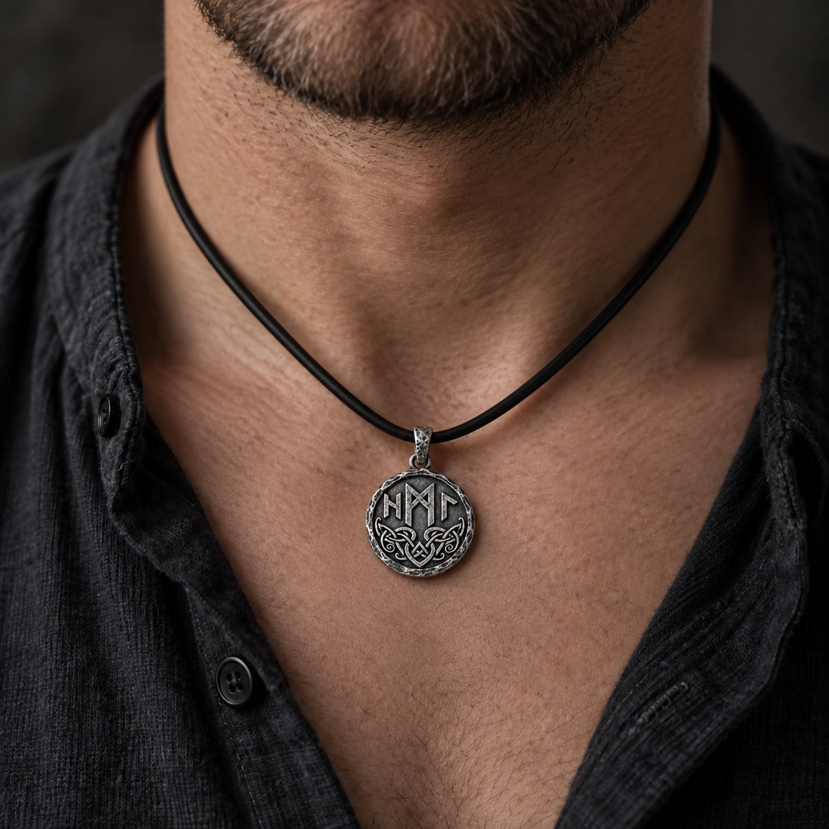 Man wearing the silver Hel pendant on a black cord, showing the runic reverse. INDIGO Jewelry.