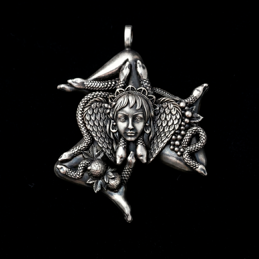 Trinacria Sicily Pendant Sterling Silver Necklace Close Up - INDIGO Jewelry