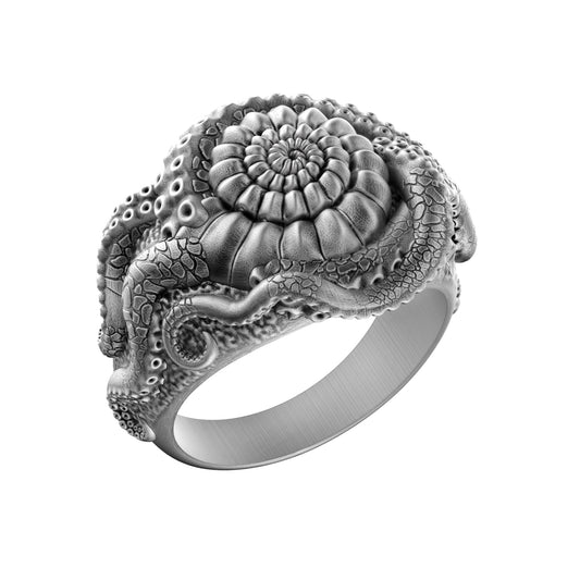 Sterling silver octopus ring featuring detailed sculpted tentacles wrapping around the finger. This handcrafted ocean-inspired ring is a symbolic piece of nautical jewelry, perfect for sea creature lovers, fans of mystical marine design, or as a fantasy signet ring. Ideal gift for ocean lovers seeking a bold and unique sterling silver statement ring.