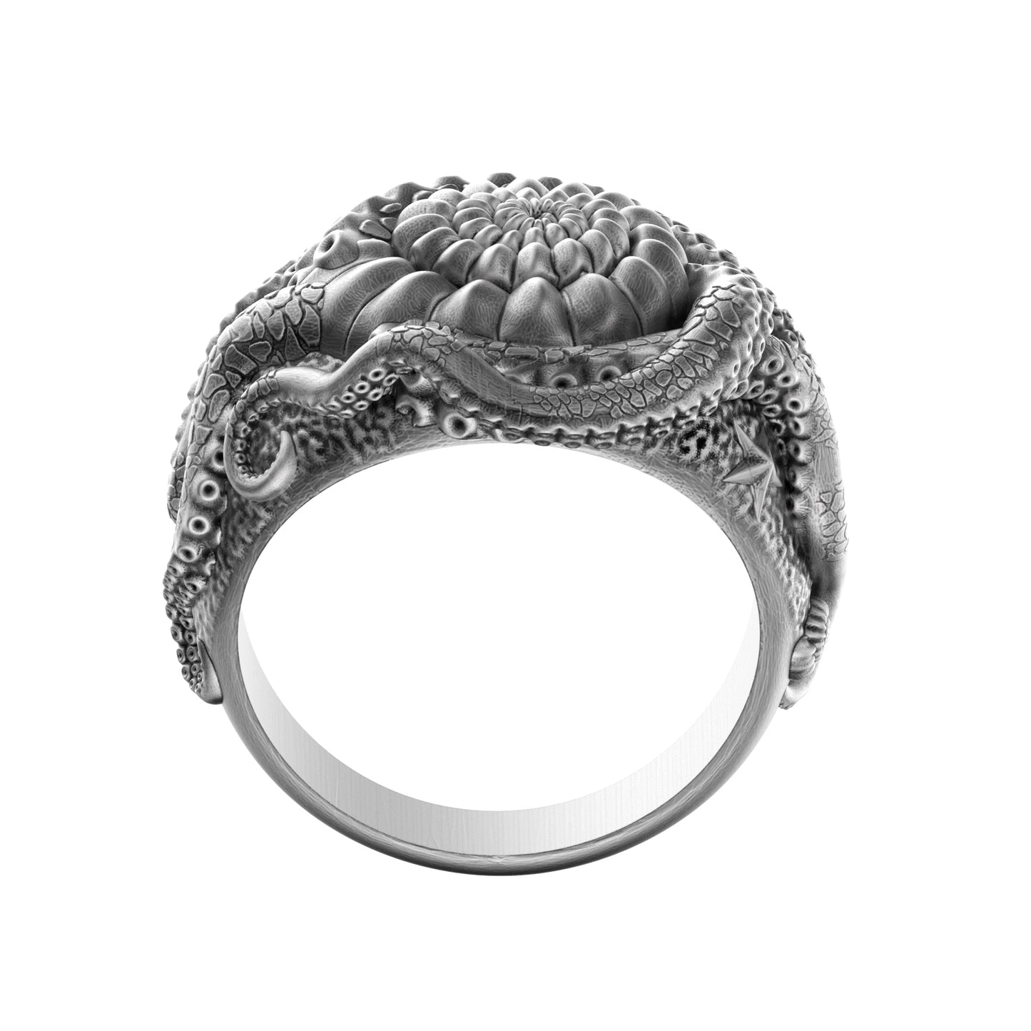 Sterling silver octopus ring featuring detailed sculpted tentacles wrapping around the finger. This handcrafted ocean-inspired ring is a symbolic piece of nautical jewelry, perfect for sea creature lovers, fans of mystical marine design, or as a fantasy signet ring. Ideal gift for ocean lovers seeking a bold and unique sterling silver statement ring.
