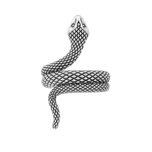 Sterling silver snake ring featuring a detailed scale texture and a coiled wrap-around design.
The serpent’s head is sculpted with precision, adding a bold and symbolic touch.
A unisex piece inspired by mythology and nature. Handmade and rhodium-plated to preserve shine and durability.
