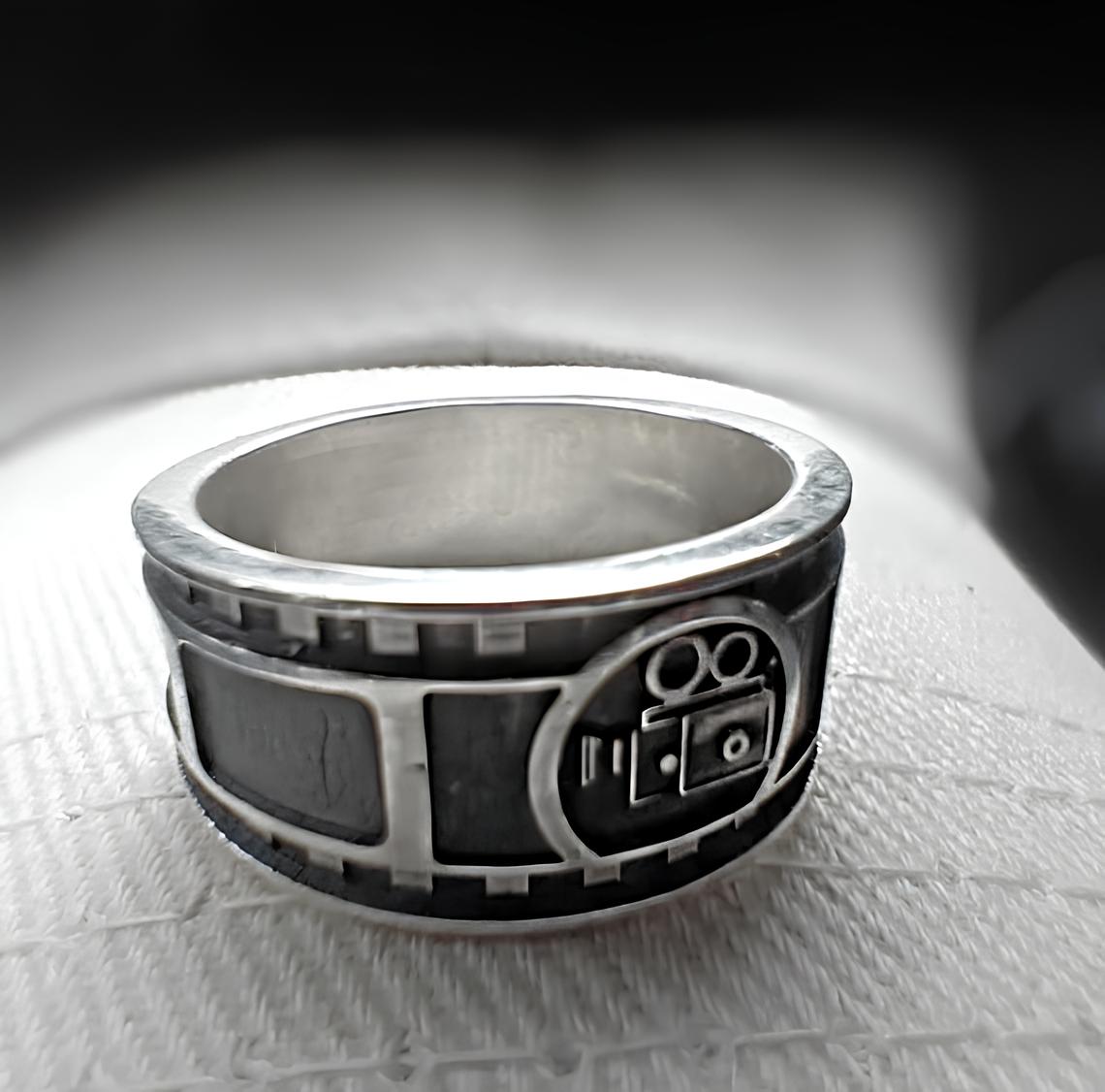 Bethtastic Film Frame and Old Movie Camera, Sterling Silver Band Ring