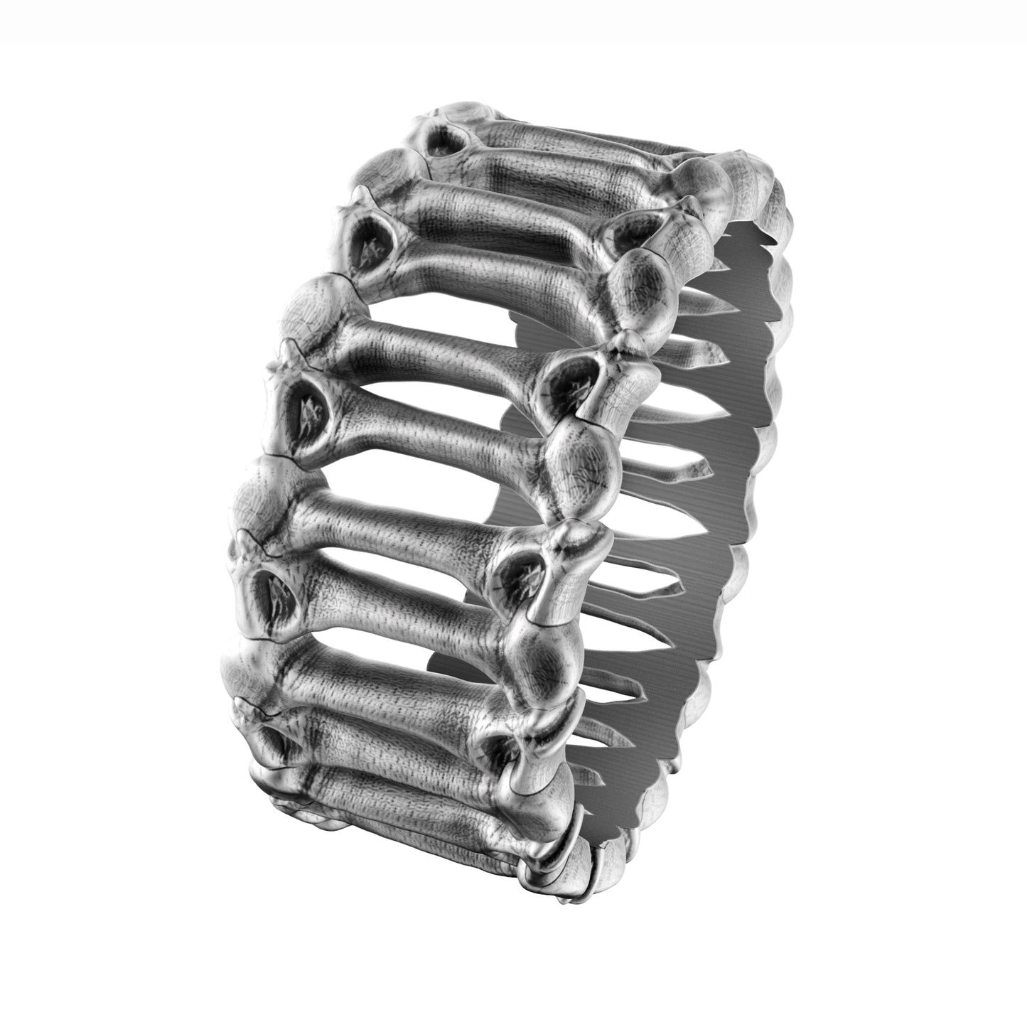 The 'Eternal Bones' ring is a symbol of eternity and the inevitability of time. Its intricate anatomical design embraces the philosophy of Memento Mori, reminding us of life's fragility and the strength of the spirit. A unique sterling silver piece for those who appreciate deep symbolism and bold aesthetics.