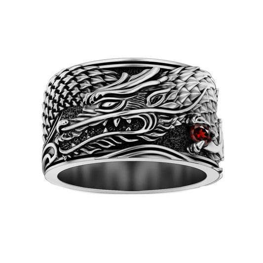 Japanese Dragon Ring, Yakuza tattoo Ornament Silver Band Ring
◆ This handcrafted sterling silver ring showcases a majestic Japanese dragon (Ryu) — a guardian of balance, wisdom, and transformation. Intricately carved scales and flowing lines wrap around your finger, capturing the elegance and strength of Eastern mythology.
A deep garnet gemstone glows in the dragon’s eye, symbolizing inner fire, passion, and vitality — making this piece both a talisman and a statement of personal strength.