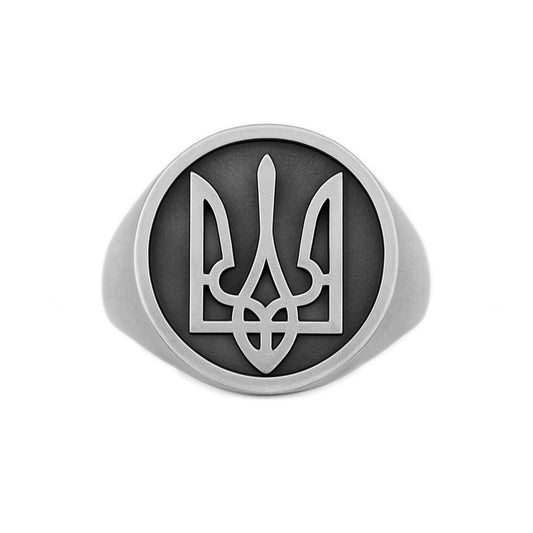 Ukrainian Tryzub Mens Round Top Signet Ring – Sterling Silver Trident Ring – Patriotic Ukraine Jewelry – Gift for Him – Ukrainian Symbol Ring by INDIGO JEWELRY