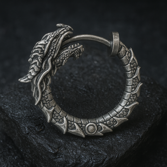 Blackened sterling silver Uroboros dragon hoop earrings with detailed sculpted scales, gothic mythology design, handmade oxidized silver jewelry by INDIGO Jewelry.
