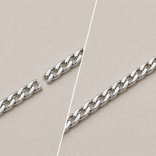 Before and after white gold chain repair by INDIGO Jewelry Atelier showing a broken 18K white gold chain and professionally repaired seamless jewelry restoration