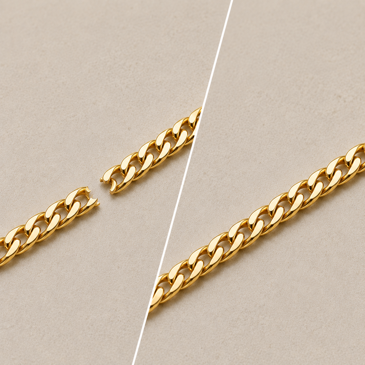 Before and after yellow gold chain repair by INDIGO Jewelry Atelier showing a broken 18K yellow gold chain and professionally restored seamless jewelry repair