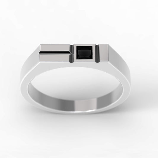 Minimalist men's signet ring crafted from sterling silver, featuring a rectangular design set with a bold black zirconia stone. This modern pinky ring is perfect as a personalized or initial ring for men, combining contemporary style with timeless elegance. Ideal gift for him, this custom ring works as a geometric signet ring, available in silver or gold finish. Clean lines and handcrafted detail make it suitable for everyday wear.
