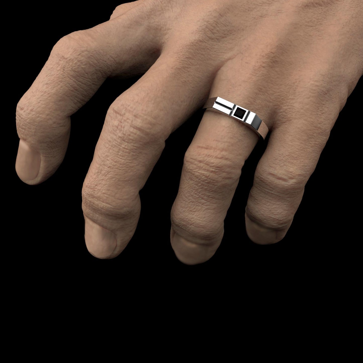 Minimalist men's signet ring crafted from sterling silver, featuring a rectangular design set with a bold black zirconia stone. This modern pinky ring is perfect as a personalized or initial ring for men, combining contemporary style with timeless elegance. Ideal gift for him, this custom ring works as a geometric signet ring, available in silver or gold finish. Clean lines and handcrafted detail make it suitable for everyday wear.