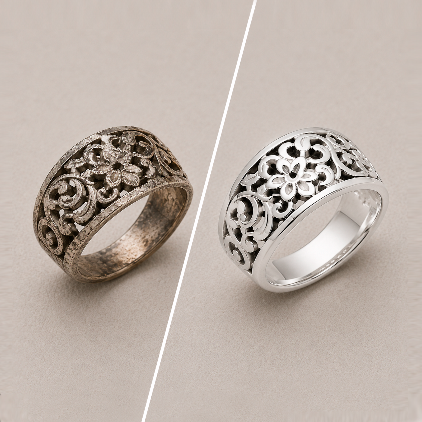 Before and after jewelry renovation by INDIGO Jewelry — worn sterling silver ring professionally cleaned, polished and restored to a renewed, like-new appearance. Mail-in jewelry polishing and restoration service for silver and gold jewelry.