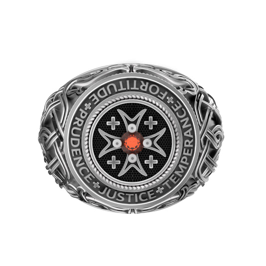 Sterling silver Catholic signet ring engraved with the Four Cardinal Virtues: Prudence, Justice, Temperance, and Fortitude. This handcrafted stoic ring features a red gemstone center, inspired by Christian symbolism, memento mori philosophy, and Amor Fati. A statement piece of religious jewelry for men, reflecting spiritual strength, moral discipline, and knightly courage. INDIGO JEWELRY