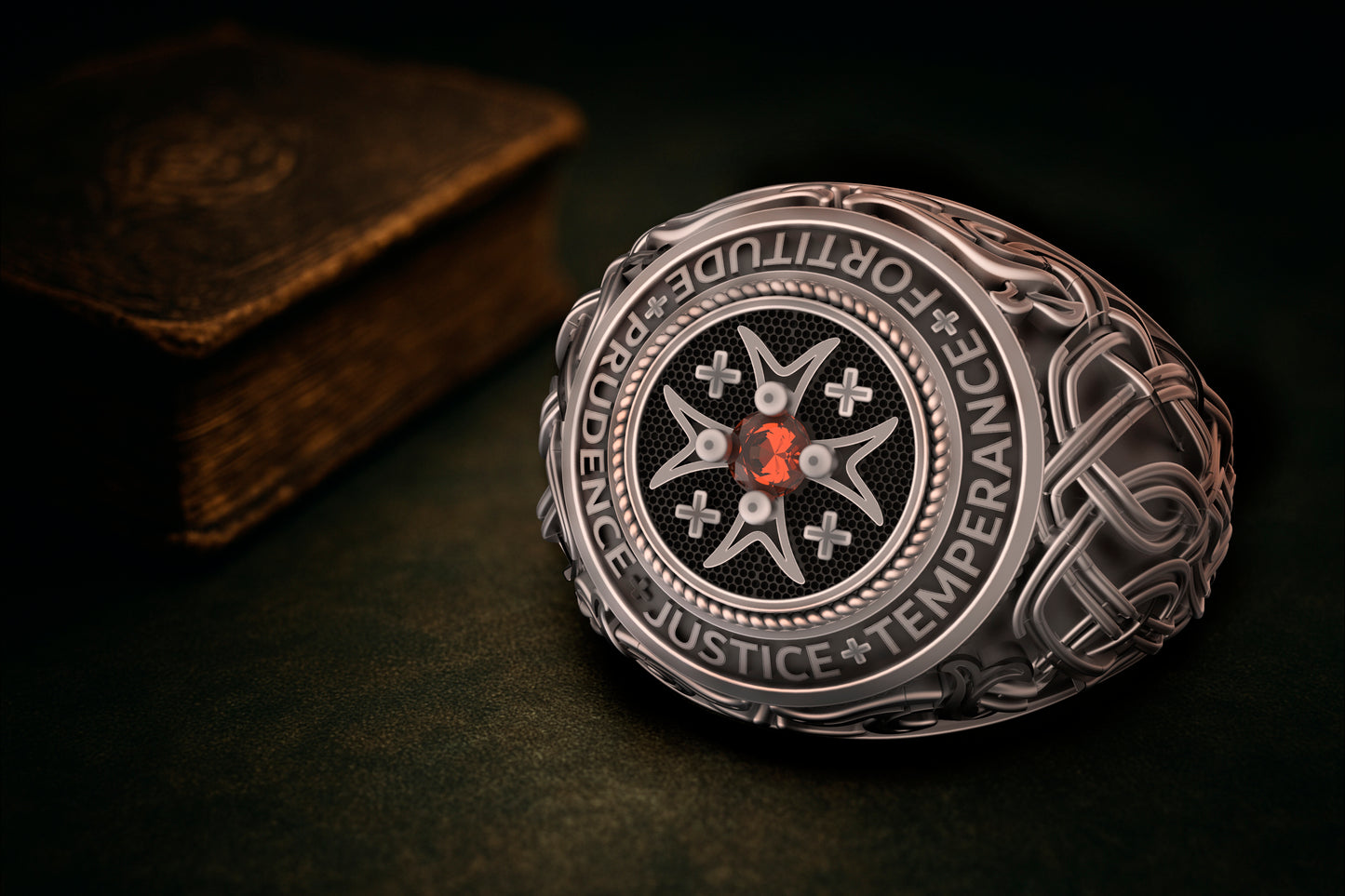 Sterling silver Catholic signet ring engraved with the Four Cardinal Virtues: Prudence, Justice, Temperance, and Fortitude. This handcrafted stoic ring features a red gemstone center, inspired by Christian symbolism, memento mori philosophy, and Amor Fati. A statement piece of religious jewelry for men, reflecting spiritual strength, moral discipline, and knightly courage. INDIGO JEWELRY
