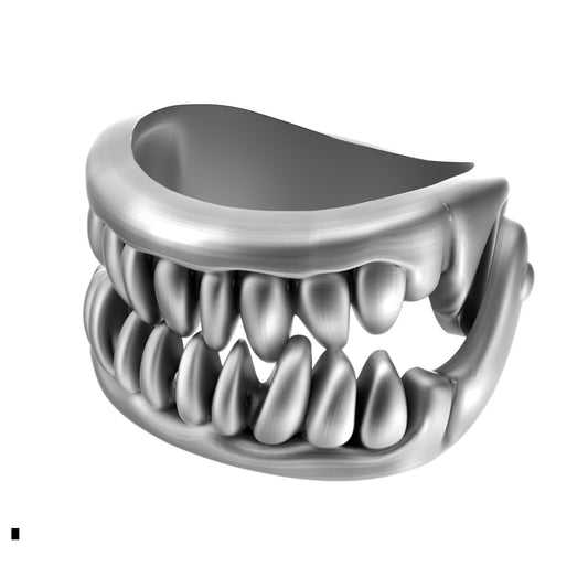 Sterling silver vampire ring featuring detailed upper and lower fangs with a fully articulated jaw. This gothic silver ring is a unique piece of vampire jewelry, ideal for Halloween, cosplay, or horror collectors. The moving teeth design makes it a standout fang ring, perfect for fans of vampire teeth rings and vampire fang rings. Handmade and oxidized for a dark, dramatic look — a creepy, handcrafted statement ring for gothic fashion lovers.
