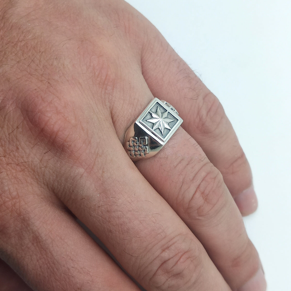 Polaris Star, Celtic Knot Norse Star, Polar Star, Men`s Sterling Silver Ring Signet