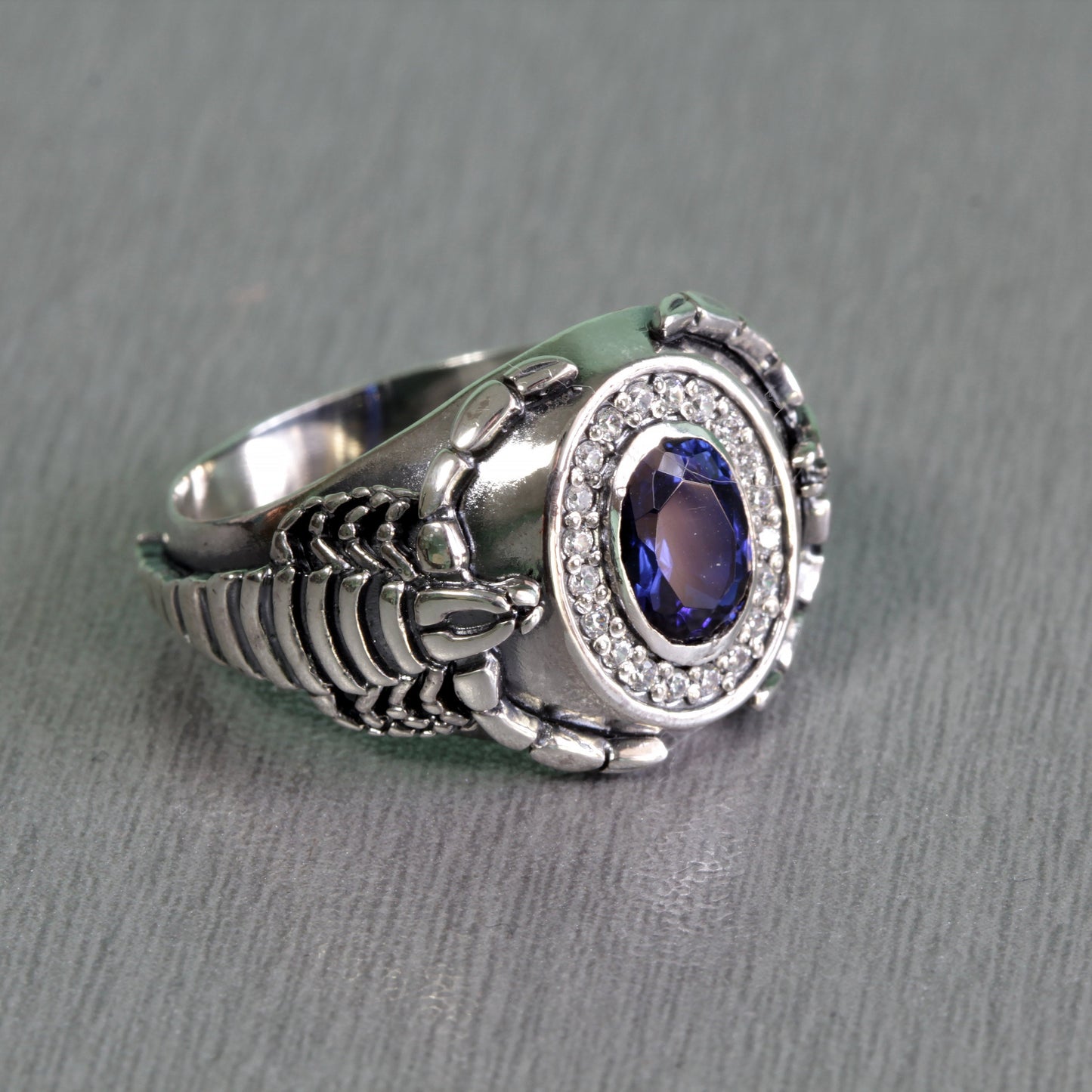 Scorpio Zodiac Mens Signet, Sterling Silver 925, Oval Blue Zircon