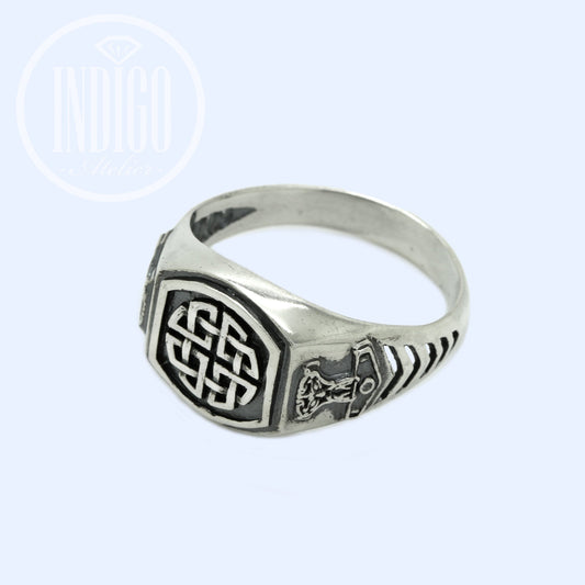 Celtic Shield Knot Viking with Thor Hammer Mens Ring Silver 925