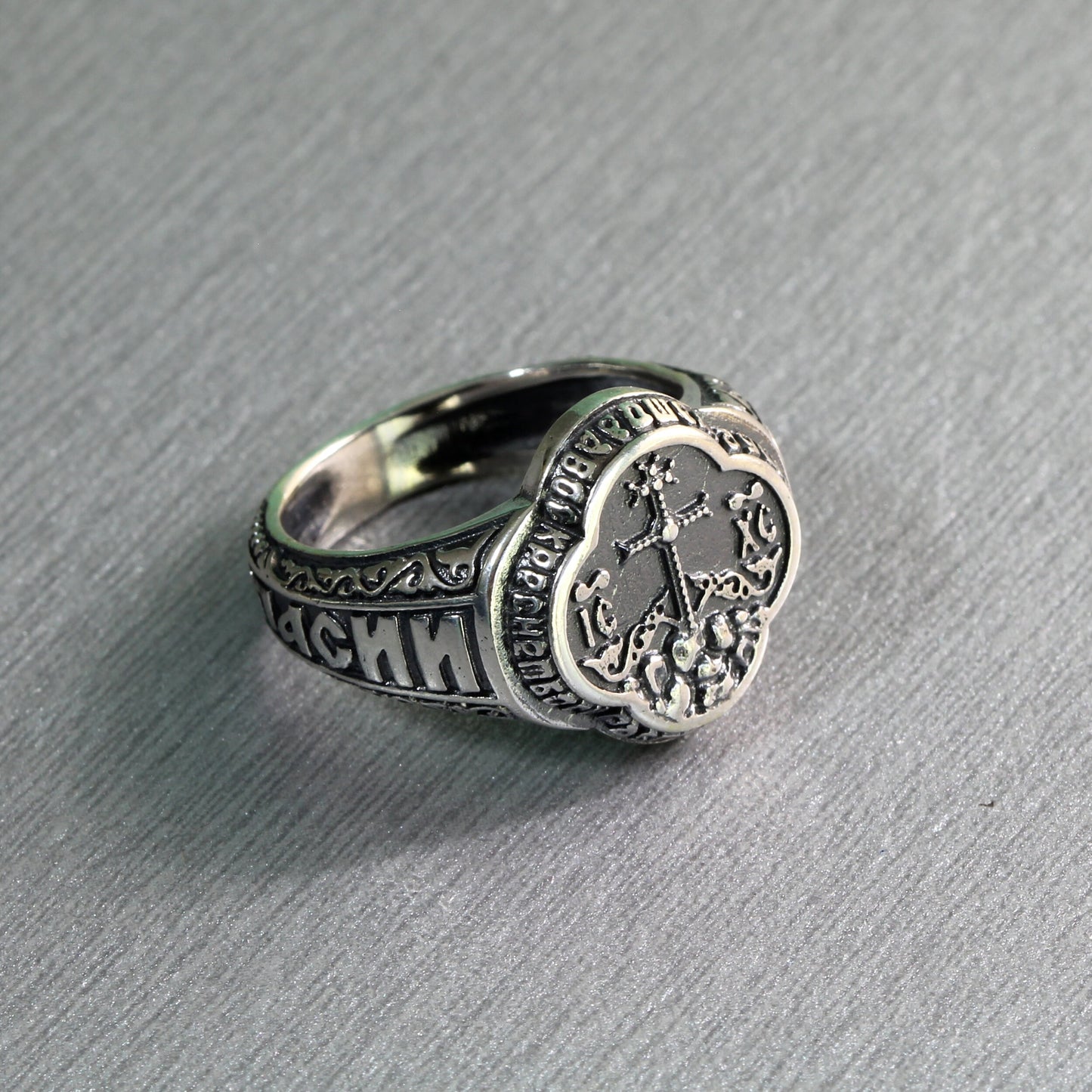 Anillo de Jesucristo, Bendice y Salva, Anillo de Plata de Ley Ortodoxo para Hombre con Sello