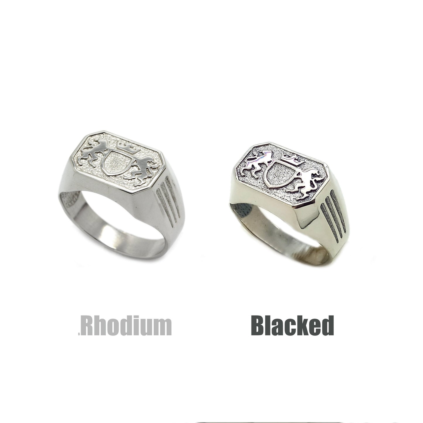 Anillo de sello para hombre con dos leones reales y escudo en plata 925