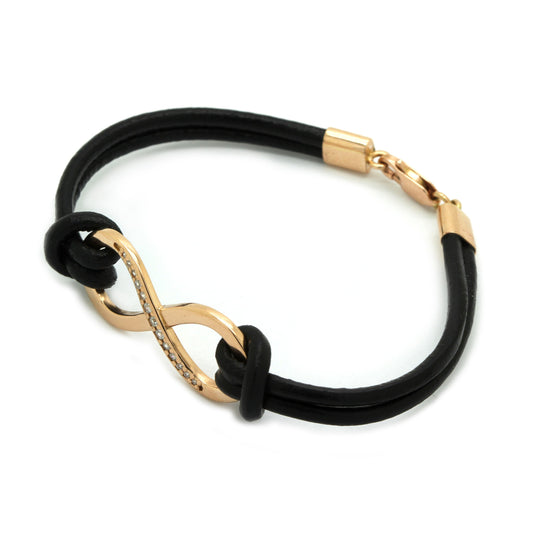 Zlatý 14K 585 dámský náramek Infinity z růžového zlata se šňůrkou z pravé kůže