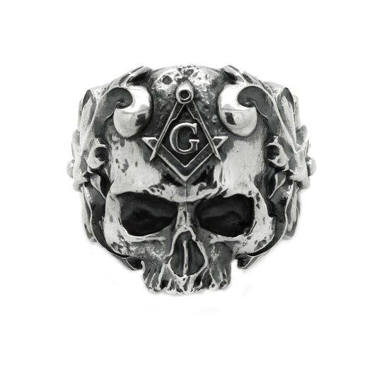 Huge Ancient Style Masonic Skull Men's Ring Silver 925