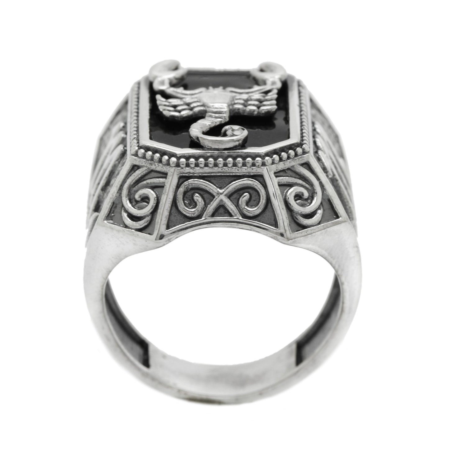 Anillo de sello de plata de ley con esmalte negro para hombre del signo del zodiaco Escorpio