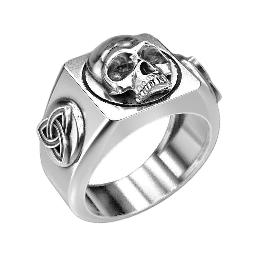 Skull With Celtic Shield Knot Mens Ring Silver 925