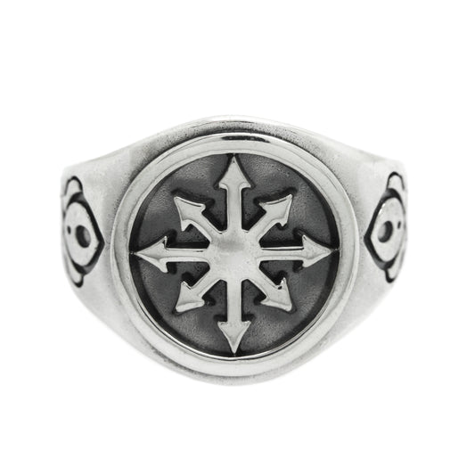 Chunky silver signet ring for men featuring the Chaos Magic Star symbol. Occult jewelry with chaos ring design, alchemy and sigil elements. Perfect for fans of chaos magic, mystical symbolism, and powerful statement rings. Ideal men's ring for ritual, gothic style, or unique spiritual expression.