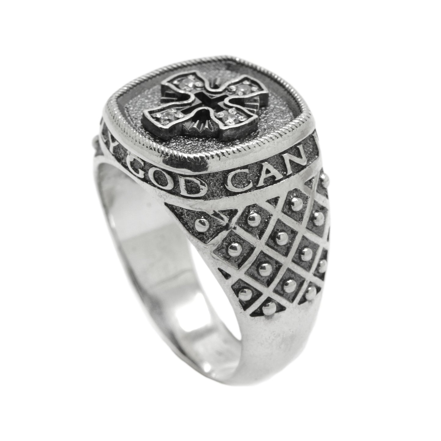Anillo de hombre con cruz cristiana y oración en plata de ley 925