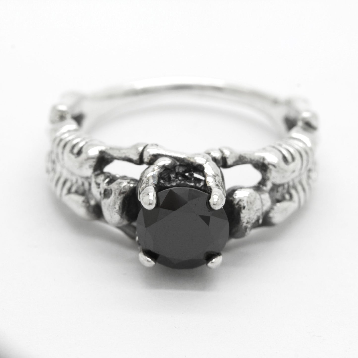Solitär-Verlobungsring, schwarzer runder Zirkon, Gothic-Totenköpfe, Totenkopf-Ehering, schlichter Skelett-Ring
