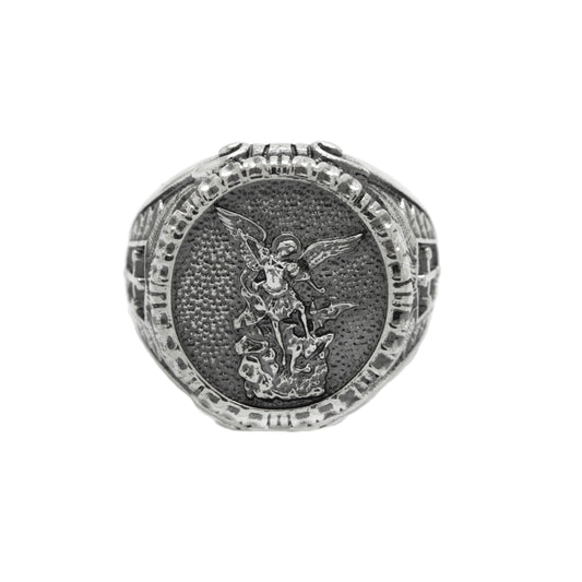 Handmade sterling silver Saint Michael ring for men, featuring detailed engraving of Archangel Michael. A Christian signet ring for Catholic and Orthodox believers. Perfect religious jewelry gift for men of faith. Angel ring offering protection and strength, ideal for baptism, confirmation, or spiritual occasions.
