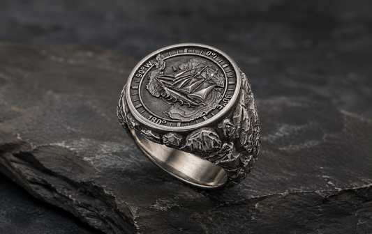 Handcrafted Antarctica explorer signet ring in sterling silver 925