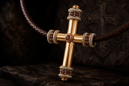 Byzantine Heritage gold cross pendant with crimson gemstones on a brown leather cord inspired by the sacred legacy of the Byzantine Empire