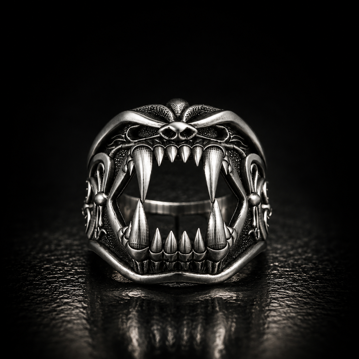Gothic collection by Indigo Jewelry featuring a handcrafted oxidized sterling silver gothic ring with dramatic symbolic design. Dark statement jewelry inspired by gothic art, mystery, bold craftsmanship and timeless individuality.