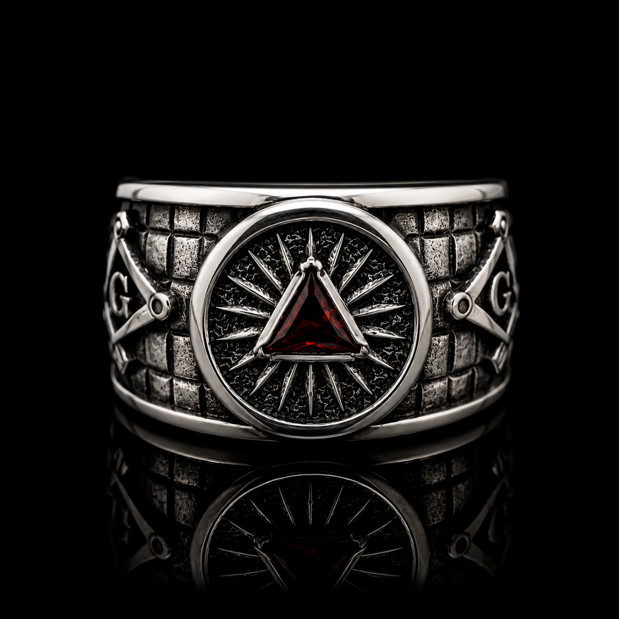 Masonic • Occultism collection by Indigo Jewelry featuring a handcrafted oxidized sterling silver ring inspired by Masonic symbolism, sacred geometry and esoteric traditions. Symbolic silver jewelry crafted with mystery and refined detail.