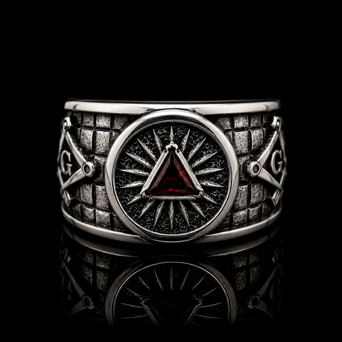 Masonic • Occultism collection by Indigo Jewelry featuring a handcrafted oxidized sterling silver ring inspired by Masonic symbolism, sacred geometry and esoteric traditions. Symbolic silver jewelry crafted with mystery and refined detail.