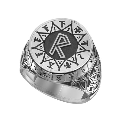 Elder Futhark Runes Set Wheel Personalized Artisan Silver Ring