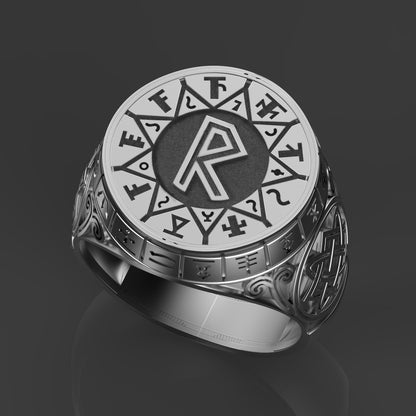 Elder Futhark Runes Set Wheel Personalized Artisan Silver Ring