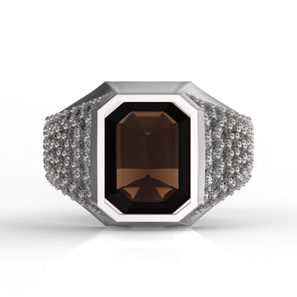 Genuine Smoky Quartz Rauch Topaz Octagon Cut Classic Men's Signet Silver Ring