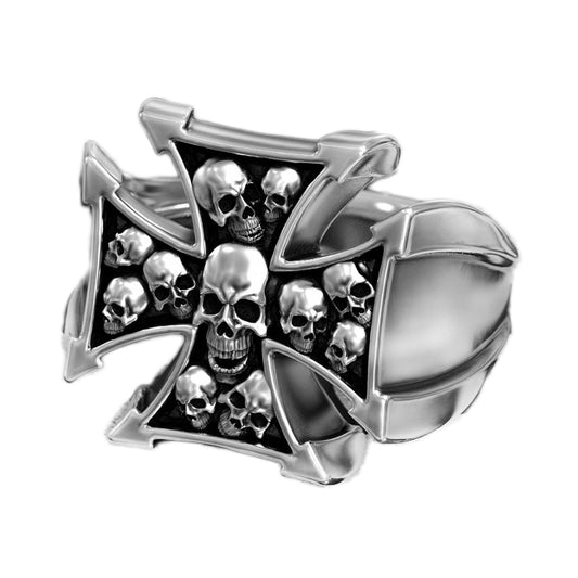 Maltese Cross Skull Signet Ring - Bold Gothic Biker Silver Jewelry