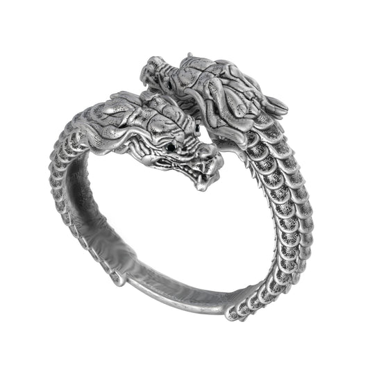 Dual Dragons Lucky Amulet Adjustable Blacked Silver Ring