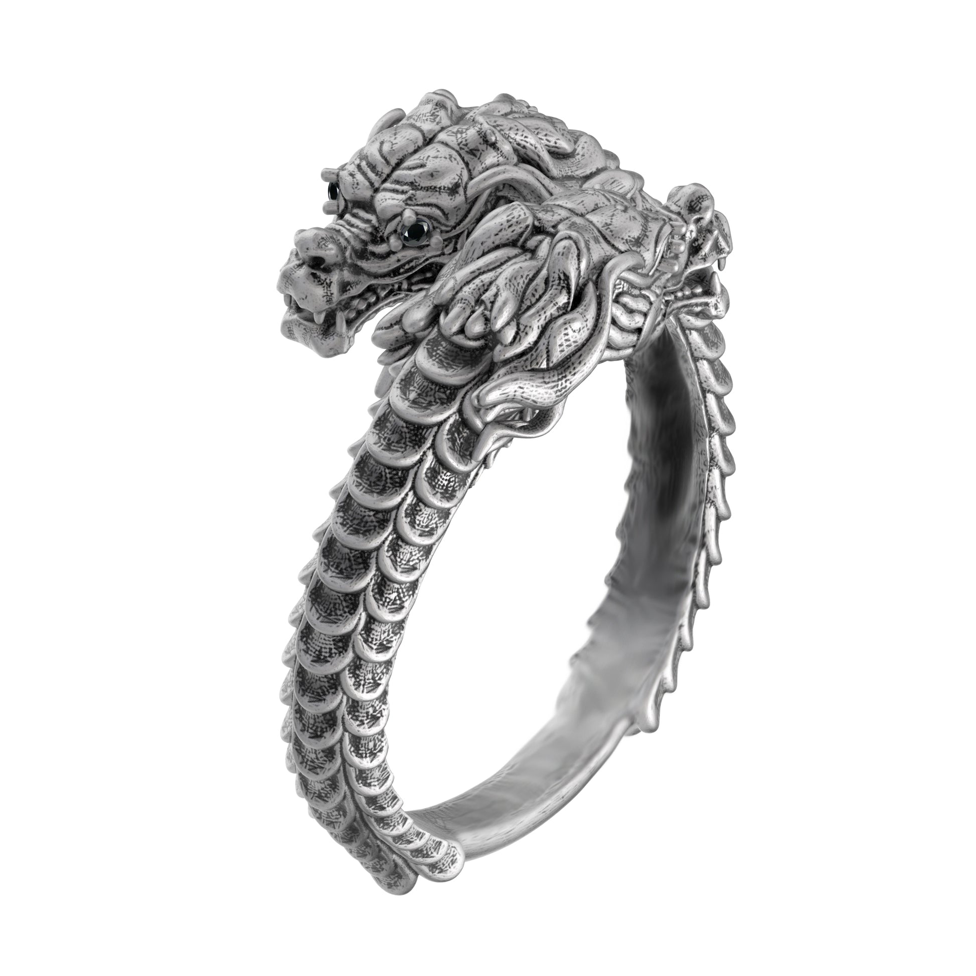 Dual Dragons Lucky Amulet Adjustable Blacked Silver Ring