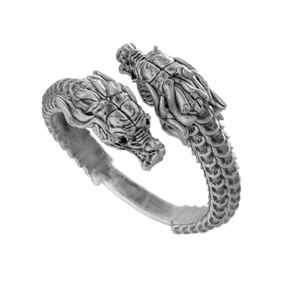 Dual Dragons Lucky Amulet Adjustable Blacked Silver Ring