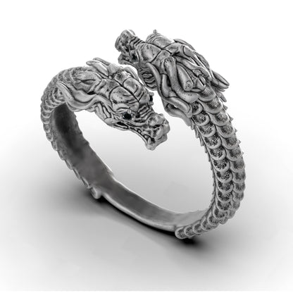 Dual Dragons Lucky Amulet Adjustable Blacked Silver Ring