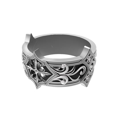 Men’s gothic wedding band handcrafted in oxidized 925 sterling silver. Features a pointed floral motif with intricate medieval scrollwork. Designed in a bold knight-inspired style, this ring is ideal for engagements, weddings, or symbolic unions. A perfect match to the women’s gothic ring by INDIGO Jewelry, for couples who embrace strength, honor, and dark romantic aesthetics.