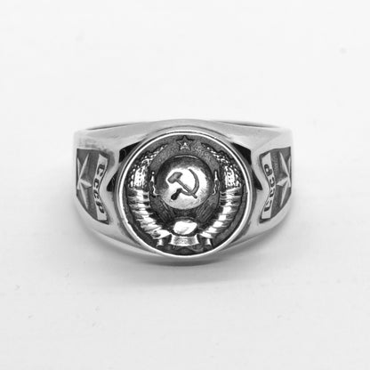 The State Emblem of the USSR, Emblem of the Soviet Union, Sterling Silver Ring. Coat of arms of the Soviet Union" Big sterling silver signet with round top. This design was fixed in the 1924 Soviet Constitution: "The State Emblem of the USSR is composed of a sickle and a hammer on a globe depicted in the rays of the sun and framed by ears of wheat, with the inscription "proletarians of the world, unite!".